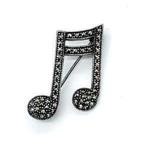 Vintage Sterling Silver Pave Marcasite Slanted Beam Musical Note Pin Brooch